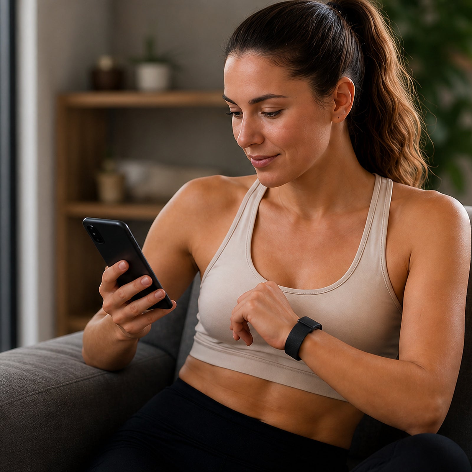 Woman reviewing her phone while wearing the screen-free Selntz Flow bracelet
