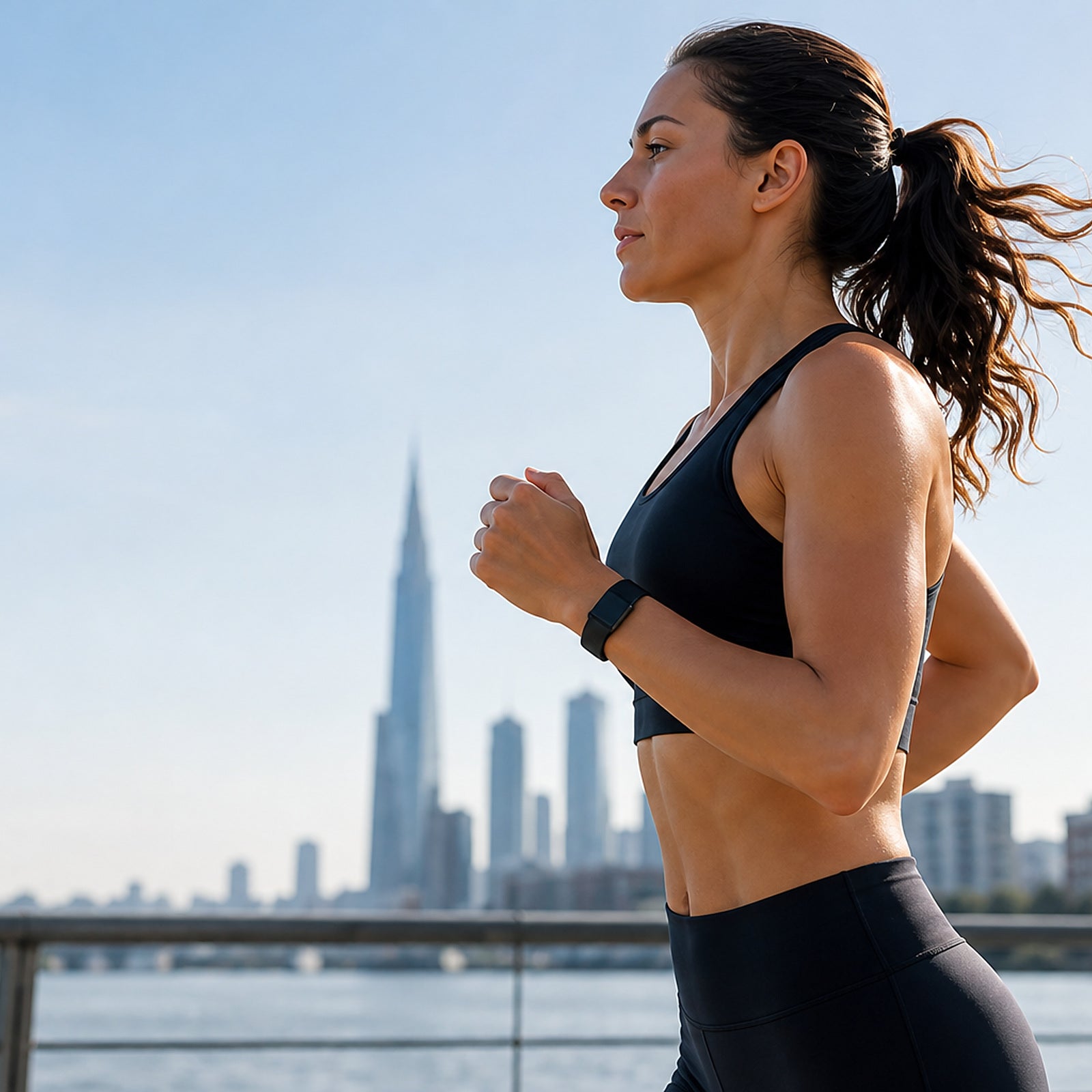 Runner wearing the screen-free Selntz Flow bracelet outdoors