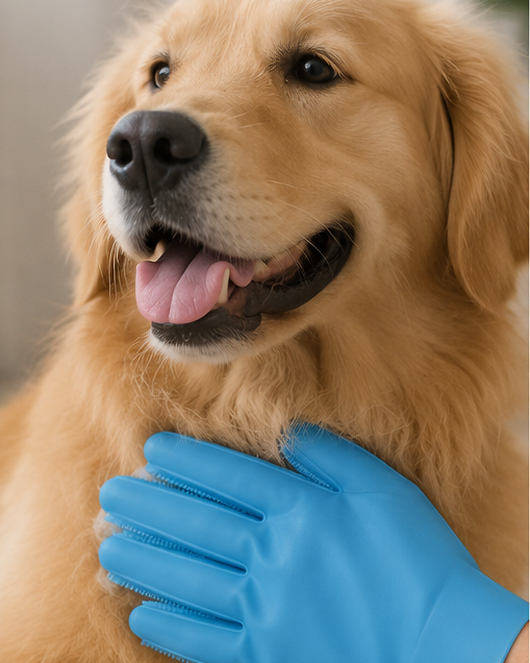 Golden retriever being gently groomed with a blue Selntz Pet Grooming Glove
